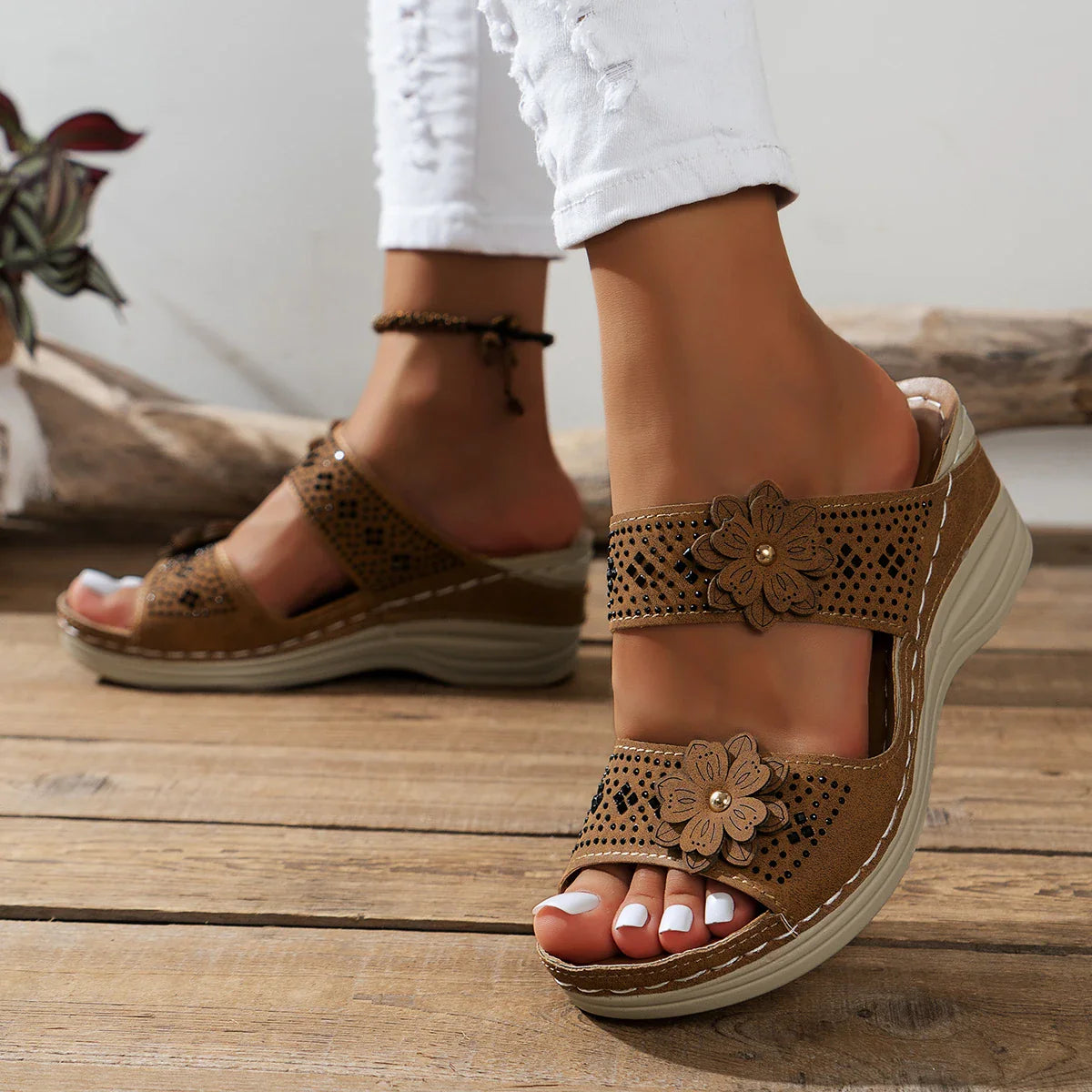 Saira - Floral Wedge Sandals